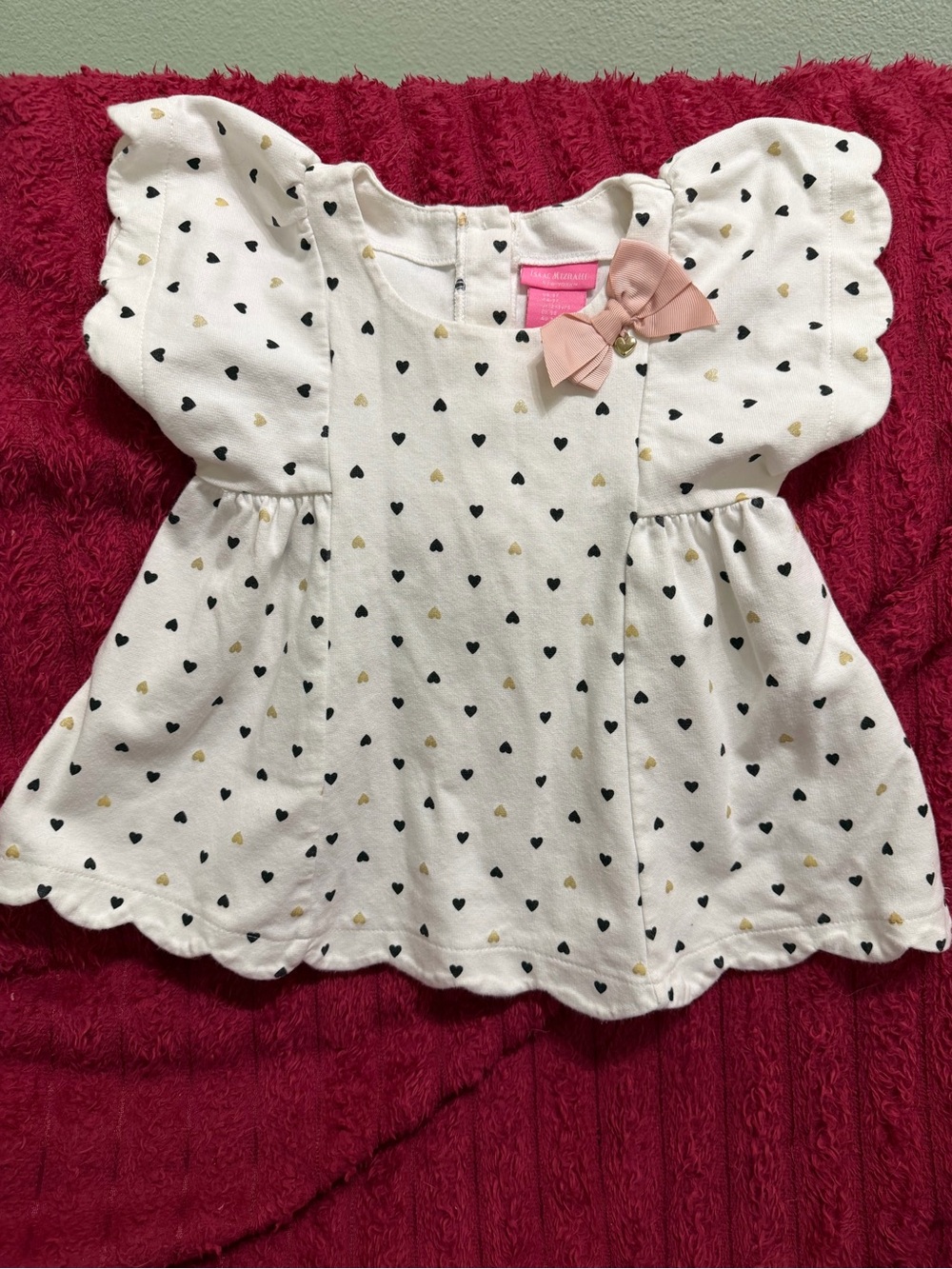 Isaac Mizrahi Cream Heart Print Puff Sleeve Top with Pink Bow Accent